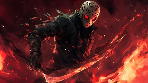 Masked killer wields blazing blade amid infernal storm.