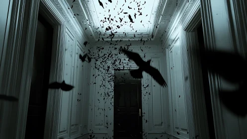 Dark corridor interior with dispersed flock of flying birds.