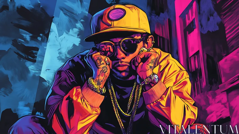 Neon lit street rapper crouches in bold urban portrait