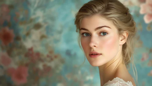 Softly lit portrait with dreamy blue floral backdrop.