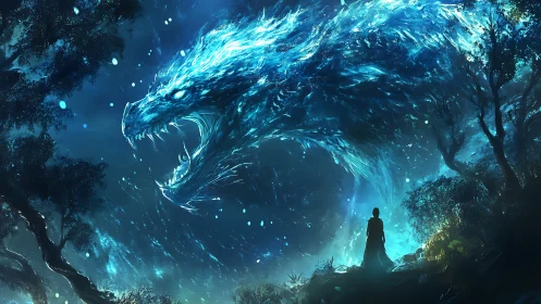 Soulful wanderer meets a luminous dragon of midnight skies.