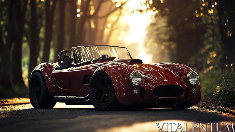 Red classic roadster parked on forest road at sunset.