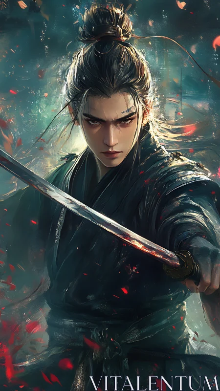 Stoic samurai warrior with katana amid swirling embers.