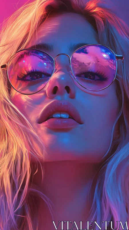Neon-lit closeup of woman in mirrored round sunglasses.