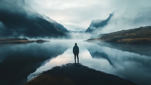 Lone traveler by a misty mountain lake at quiet daybreak.