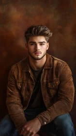 Young man in brown jacket against warm studio backdrop.