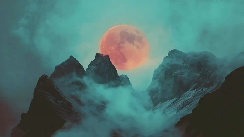 Red moon above mist-covered mountain peaks at twilight.