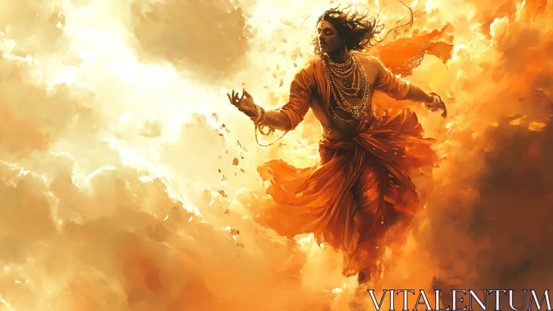 Figure in orange robes moving through luminous cloud mass.