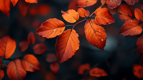 Rain-kissed ember leaves glowing against the quiet dusk.