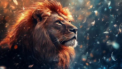 Ember-maned lion dreaming beneath a storm of drifting embers.