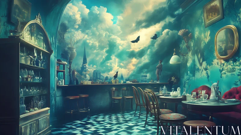 Dreamlike caf&eacute; interior merging sky and cityscape vistas.