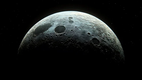 Lunar surface arcs through shadow with razor crater detail.