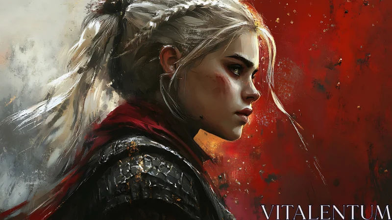 Digital painting profile of armored warrior against red field.