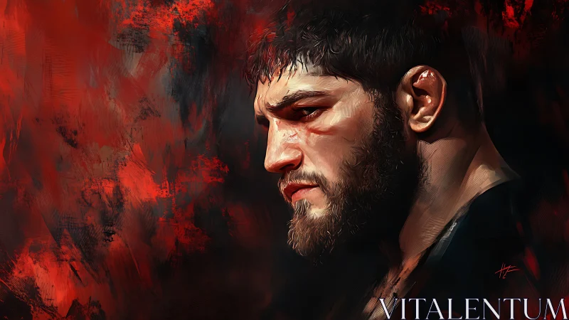 Brooding fighter in ember-lit brushstrokes of quiet fury.