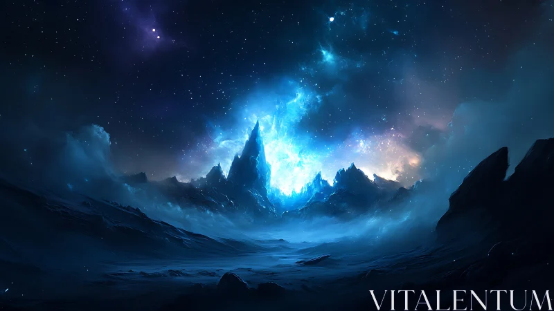 Frozen alien landscape under bright stellar nebula glow.