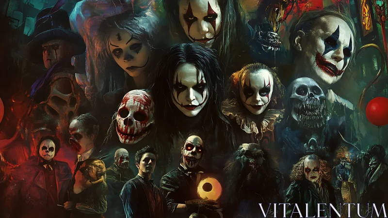 Haunting clown montage merges horror icons in eerie collage.