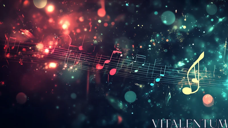 Glowing music notes on cosmic bokeh soundscape background.