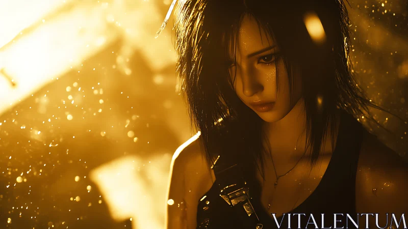 Wet-haired digital woman lit by intense golden backlight