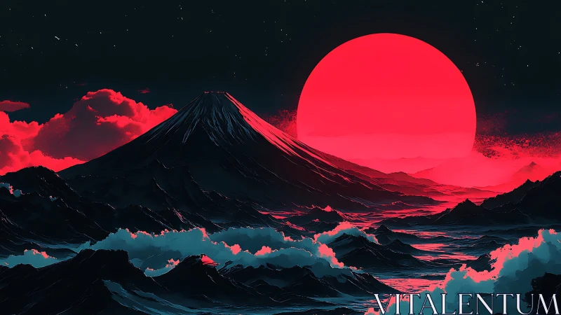 Neon red sun over stylized volcanic seascape in digital painting.