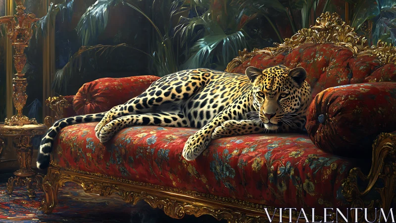 Leopard Rests on Ornate Red Chaise Lounge. Opulent Interior.