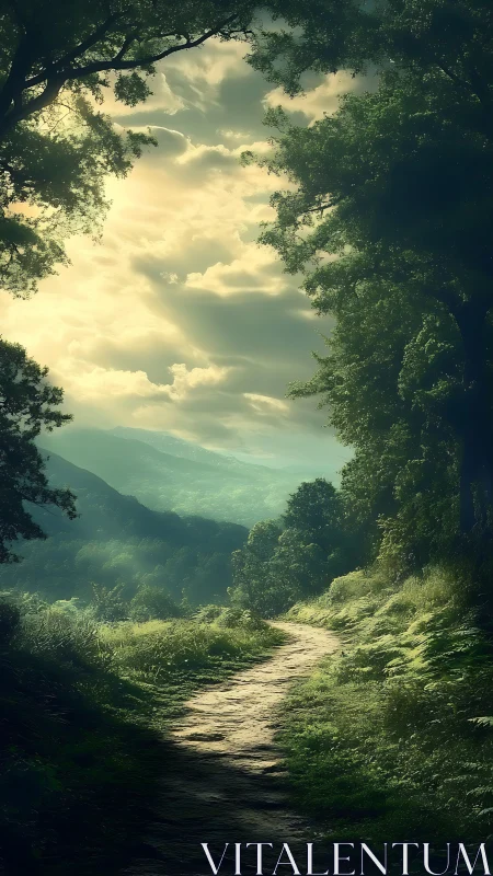 Forest Path Opening to Mountain Valley at Sunrise.