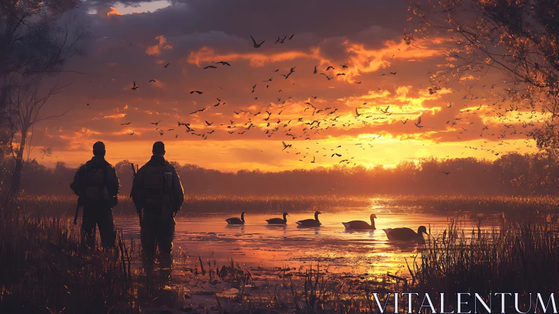 Hunters observe waterfowl at a glowing marshland sunrise