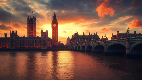 Sunset Parliament glow over river-slicked Westminster bridge.