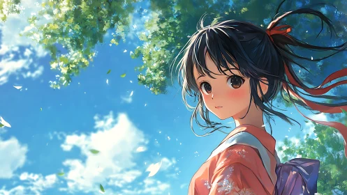 Anime girl in kimono under bright summer sky scene.