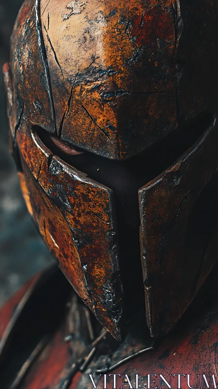 Weathered rust-steel warrior helm in dramatic close-up.