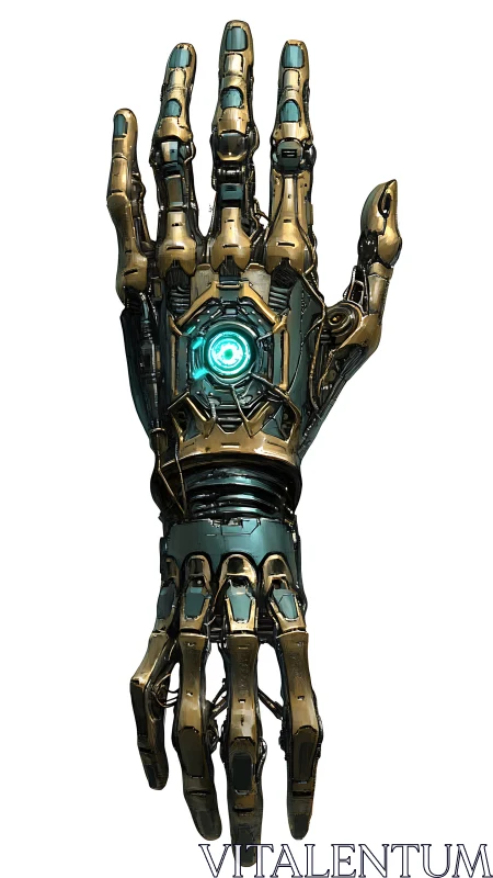 Futuristic cybernetic hand displays glowing teal power core