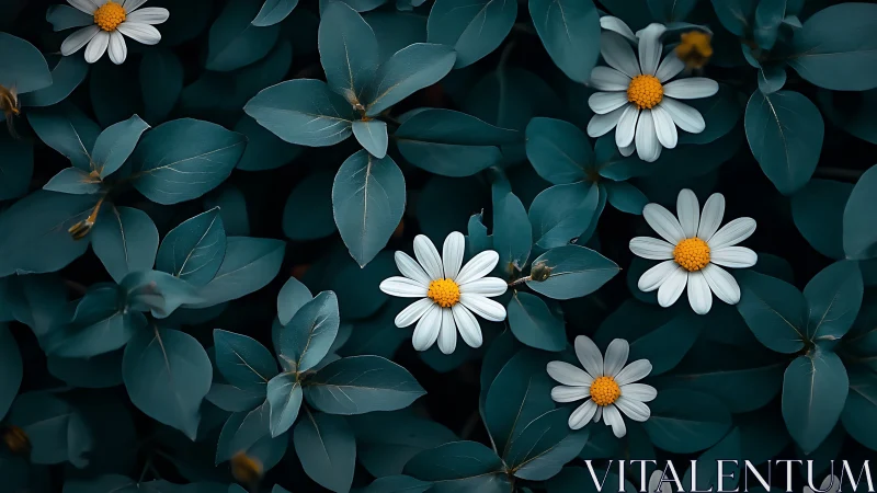 White daisies with yellow centers arranged among teal eucalyptus leaves