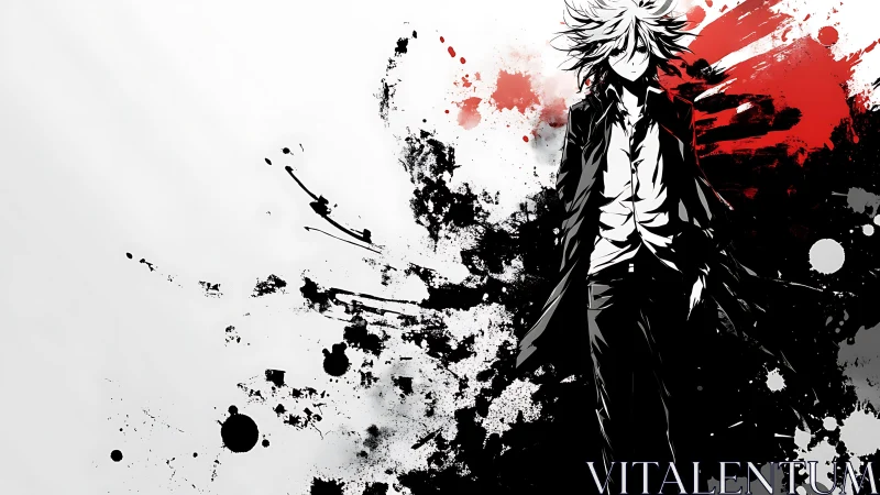Stoic anime figure amid bold black and red splashes.