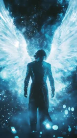 Silhouetted winged figure stands in glowing blue cosmic mist