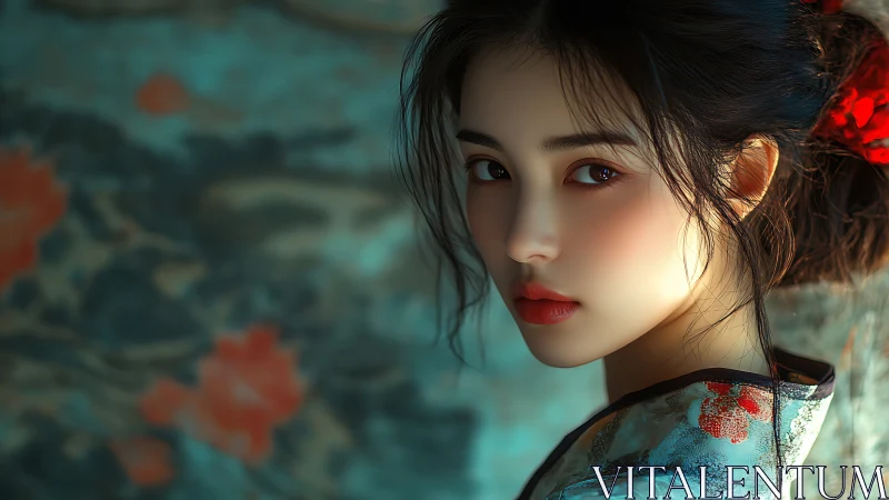 Portrait of young woman in patterned kimono, soft light.