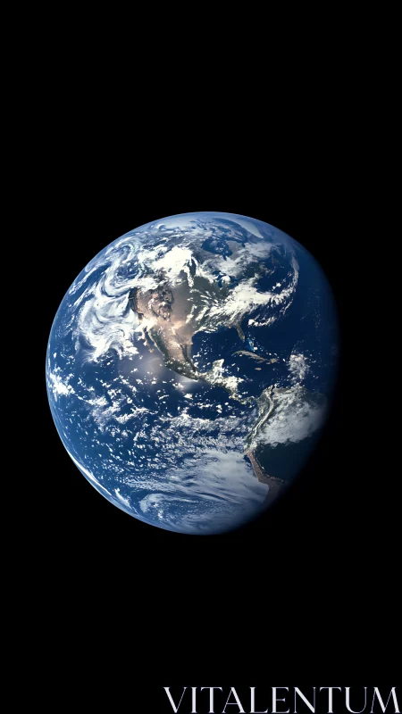 Blue marble adrift in velvet space, sunlit and storm-kissed.