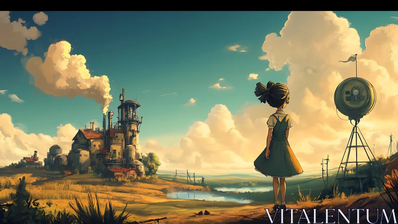 Curious girl quietly studies a distant steampunk seaside factory