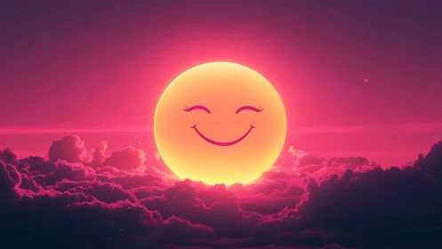 Smiling pink sunset sun beaming warmly above dreamy clouds.