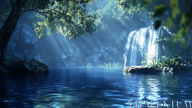 Sunlit waterfall hushes a hidden forest pool into stillness
