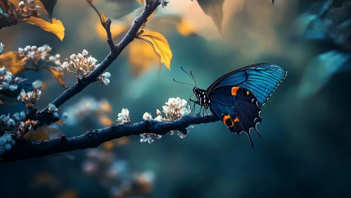 Butterfly rests on flowering branch under diffused backlight