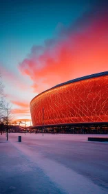 Curved winter arena glows under vivid sunset sky.