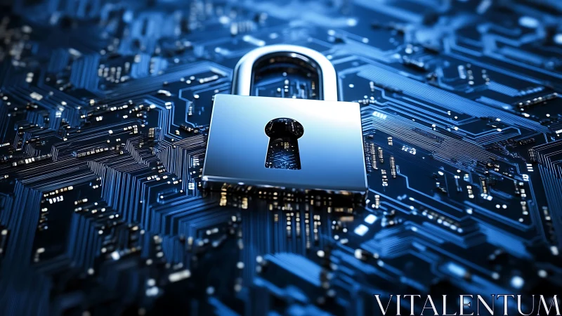 Chromed padlock on blue PCB symbolizing hardware data security