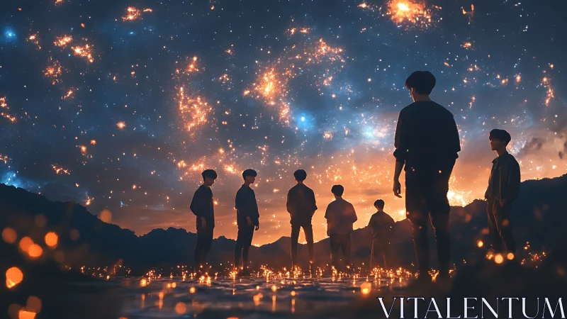 Stargazing friends stand together under a glowing cosmic sky