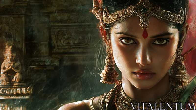 Warrior queen stares forward, jeweled crown catching firelight.