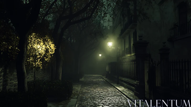 Soft lamplight on a misty cobblestone night walk street.