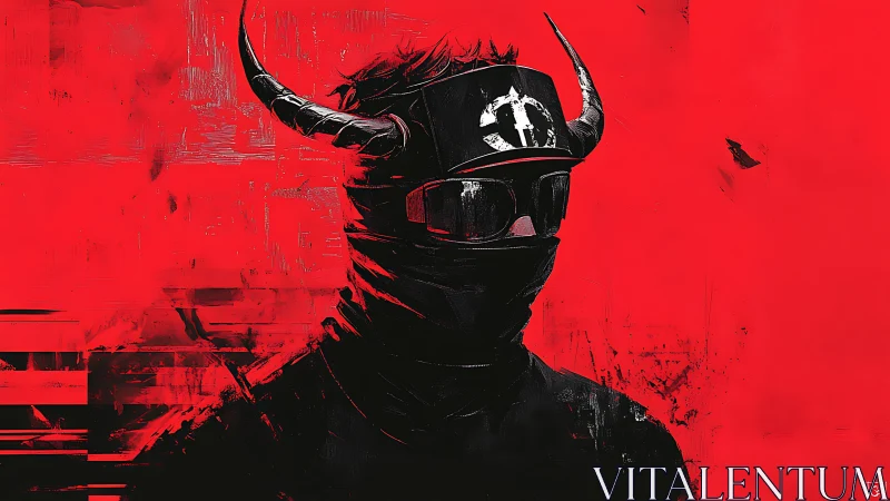 Horned masked figure in black against textured red field.
