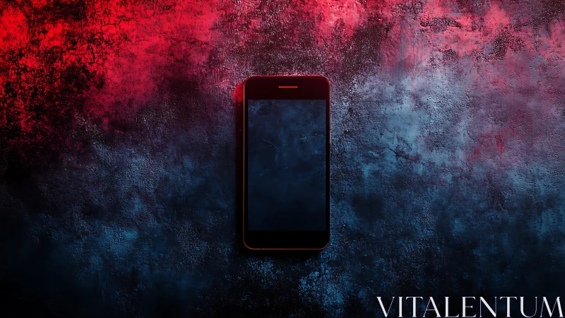 Smartphone on textured surface under red and blue light.