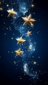Golden hanging stars trail across deep midnight blue sky.