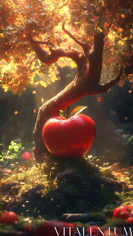 Enchanted red apple beneath twisted forest tree trunk.