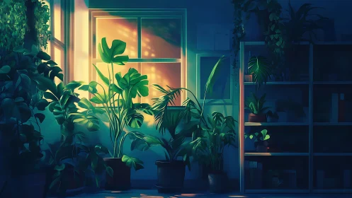 Houseplants cluster near window under warm evening light