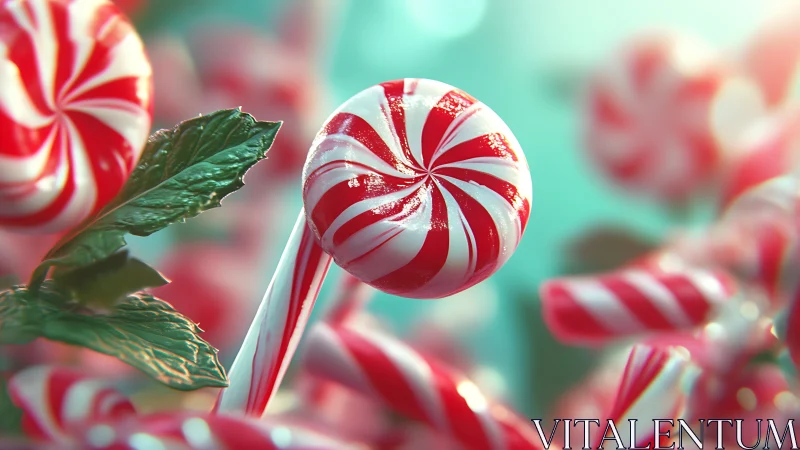 Red and white peppermint lollipop surrounded by candy.
